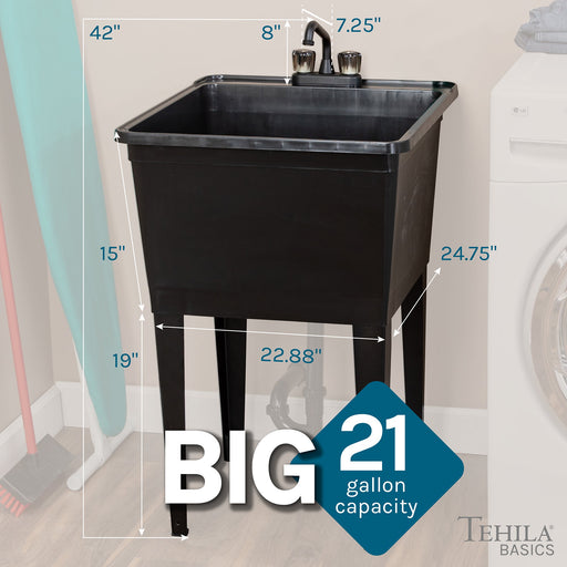 Tehila Basics Freestanding Black Utility Sink with Black Finish Dual Handle Utility Faucet - Sweatfully