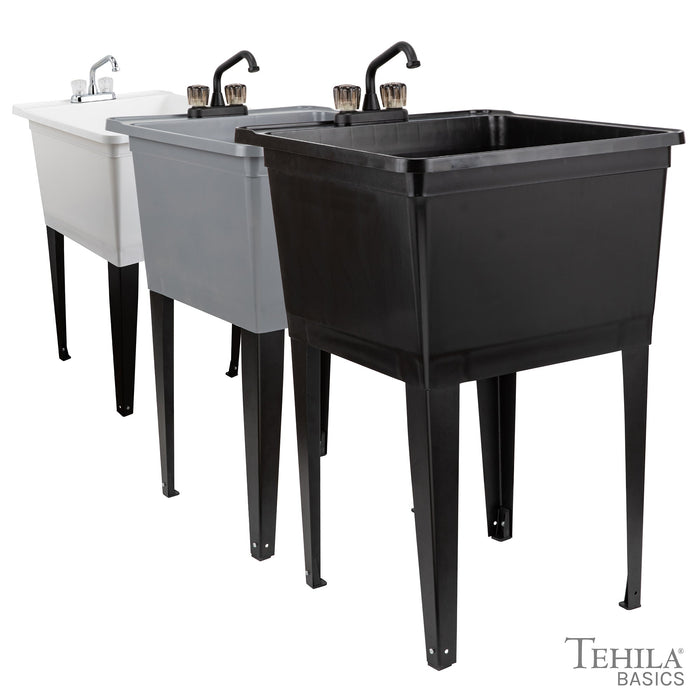 Tehila Basics Freestanding Black Utility Sink with Black Finish Dual Handle Utility Faucet - Sweatfully