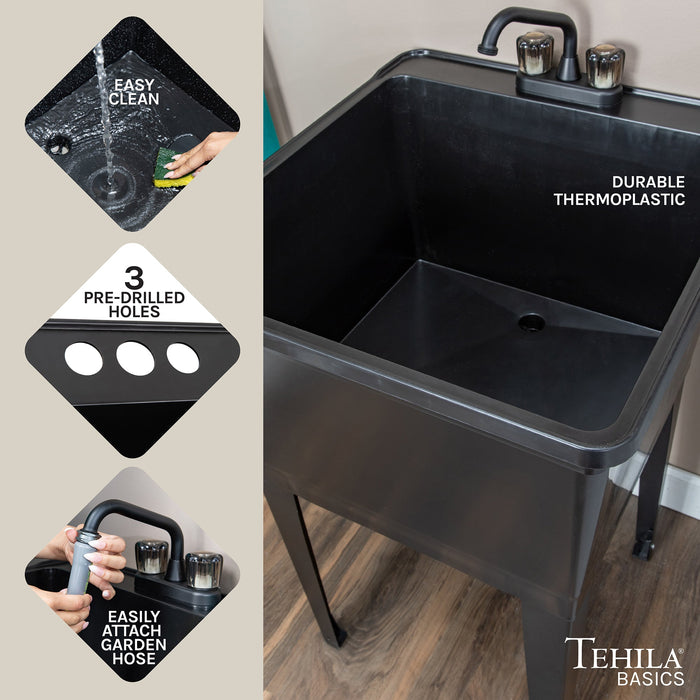 Tehila Basics Freestanding Black Utility Sink with Black Finish Dual Handle Utility Faucet - Sweatfully
