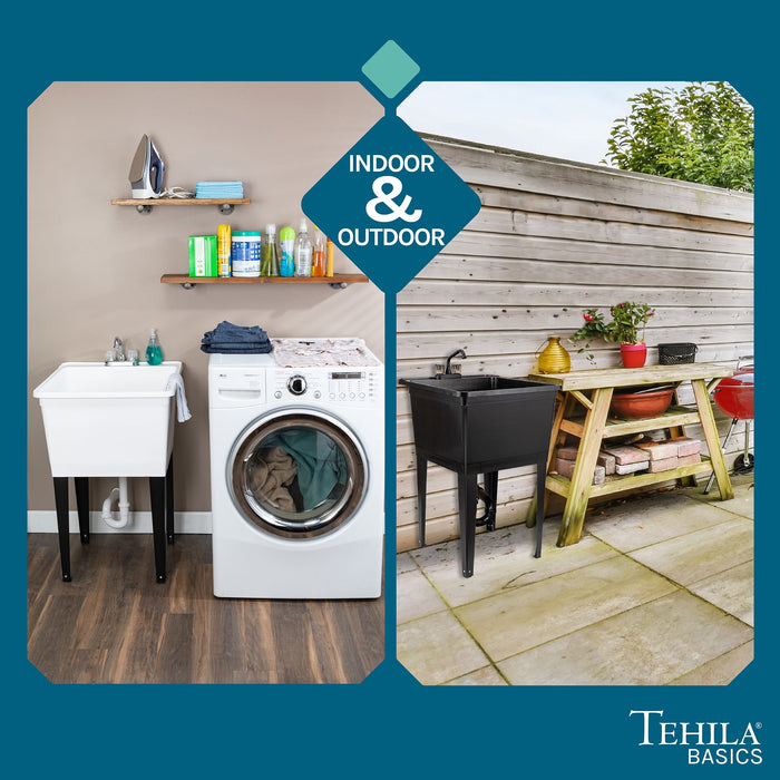 Tehila Basics Freestanding Black Utility Sink with Black Finish Dual Handle Utility Faucet - Sweatfully