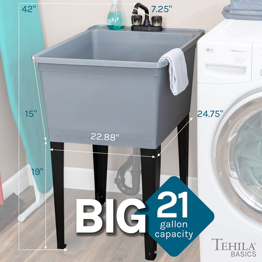 Tehila Basics Freestanding Grey Utility Sink with Black Finish Dual Handle Utility Faucet - Sweatfully