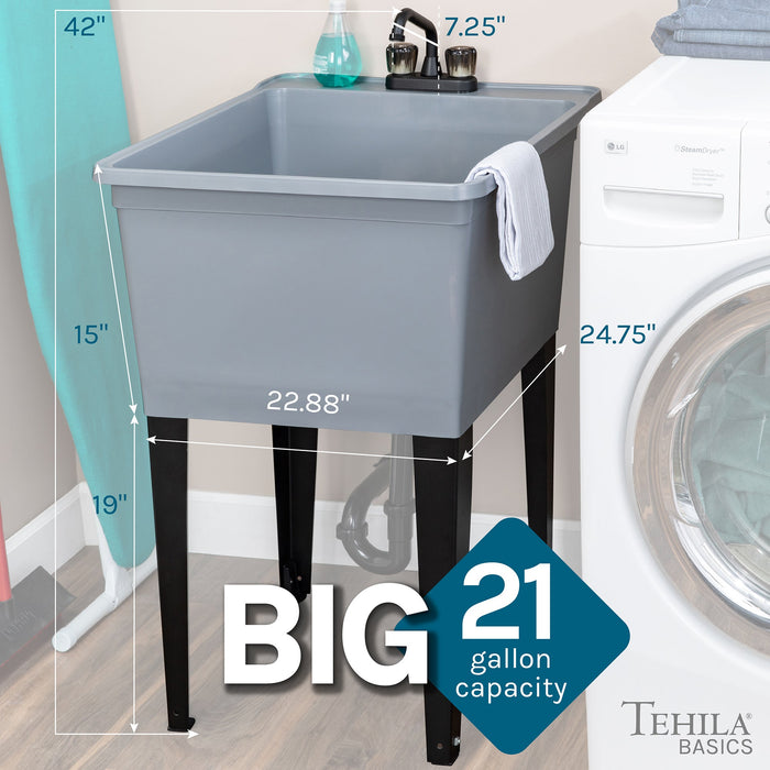 Tehila Basics Freestanding Grey Utility Sink with Black Finish Dual Handle Utility Faucet - Sweatfully