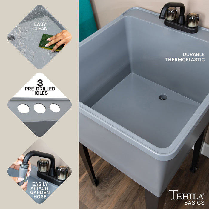 Tehila Basics Freestanding Grey Utility Sink with Black Finish Dual Handle Utility Faucet - Sweatfully