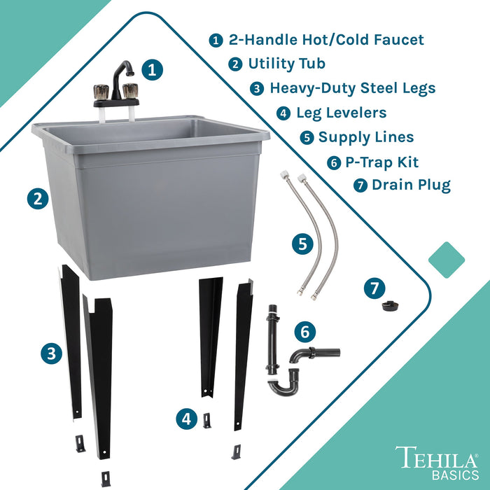 Tehila Basics Freestanding Grey Utility Sink with Black Finish Dual Handle Utility Faucet - Sweatfully