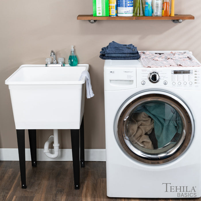 Tehila Basics Freestanding White Utility Sink with Chrome Finish Dual Handle Utility Faucet - Sweatfully