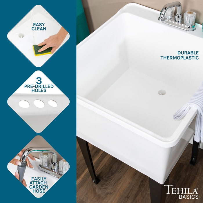 Tehila Basics Freestanding White Utility Sink with Chrome Finish Dual Handle Utility Faucet - Sweatfully
