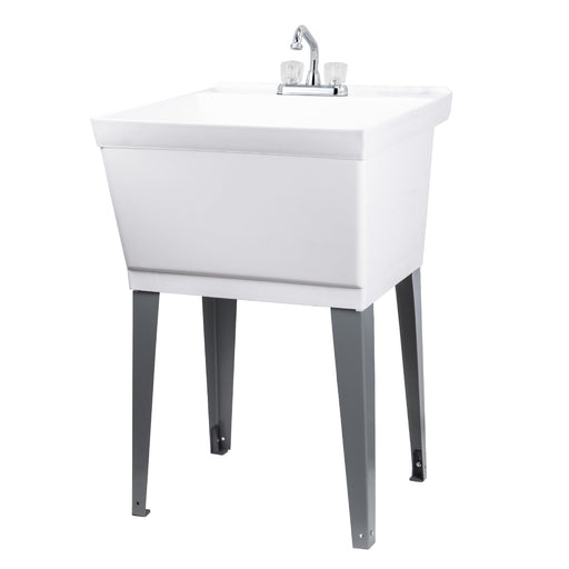 Tehila Standard Freestanding White Utility Sink with Chrome Finish Double Knob Utility Faucet - Sweatfully