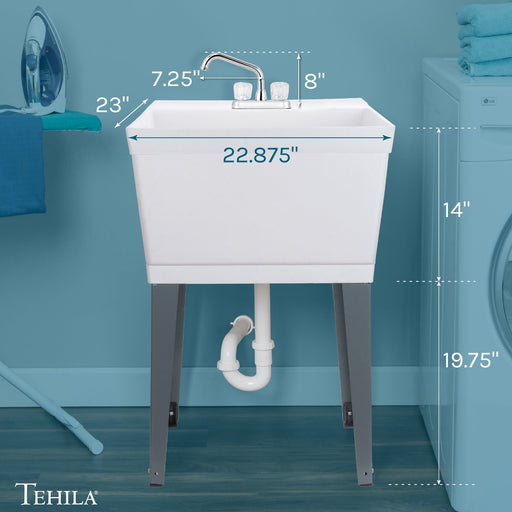 Tehila Standard Freestanding White Utility Sink with Chrome Finish Double Knob Utility Faucet - Sweatfully