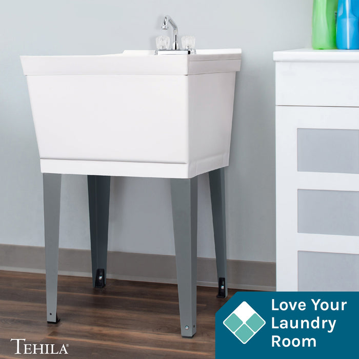 Tehila Standard Freestanding White Utility Sink with Chrome Finish Double Knob Utility Faucet - Sweatfully