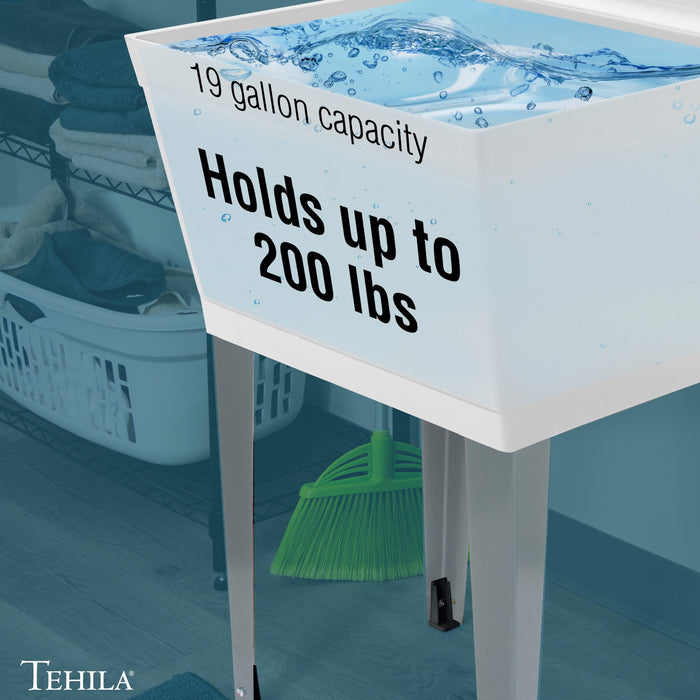 Tehila Standard Freestanding White Utility Sink with Chrome Finish Double Knob Utility Faucet - Sweatfully