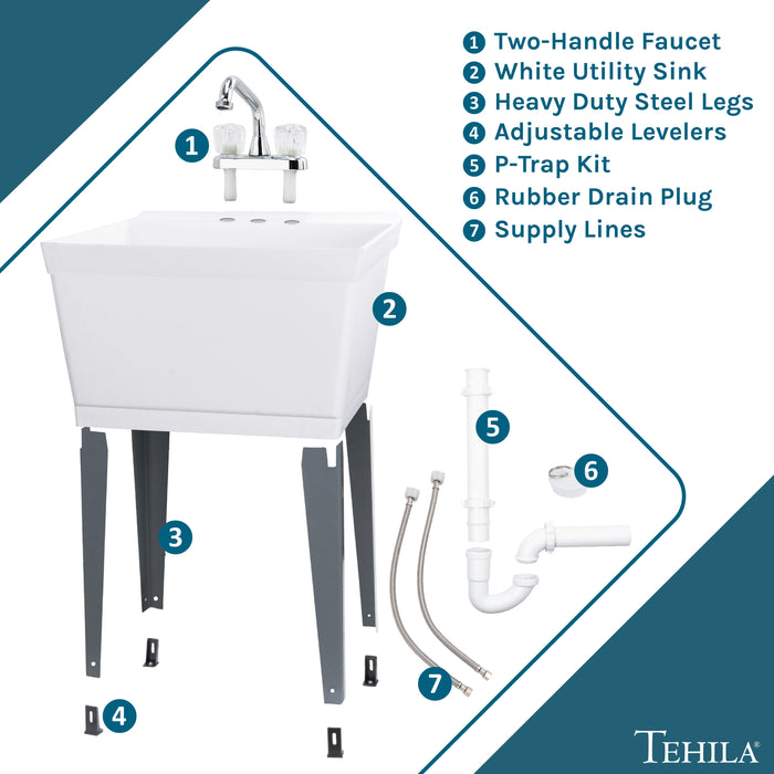 Tehila Standard Freestanding White Utility Sink with Chrome Finish Double Knob Utility Faucet - Sweatfully