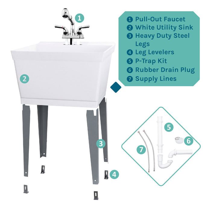 Tehila Standard Freestanding White Utility Sink with Chrome Finish Pull-Out Faucet - Sweatfully