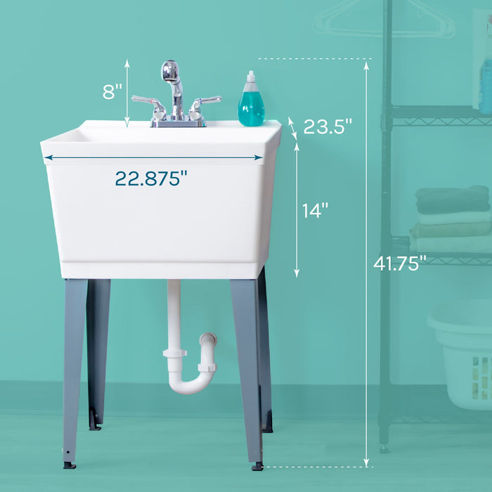 Tehila Standard Freestanding White Utility Sink with Chrome Finish Pull-Out Faucet - Sweatfully