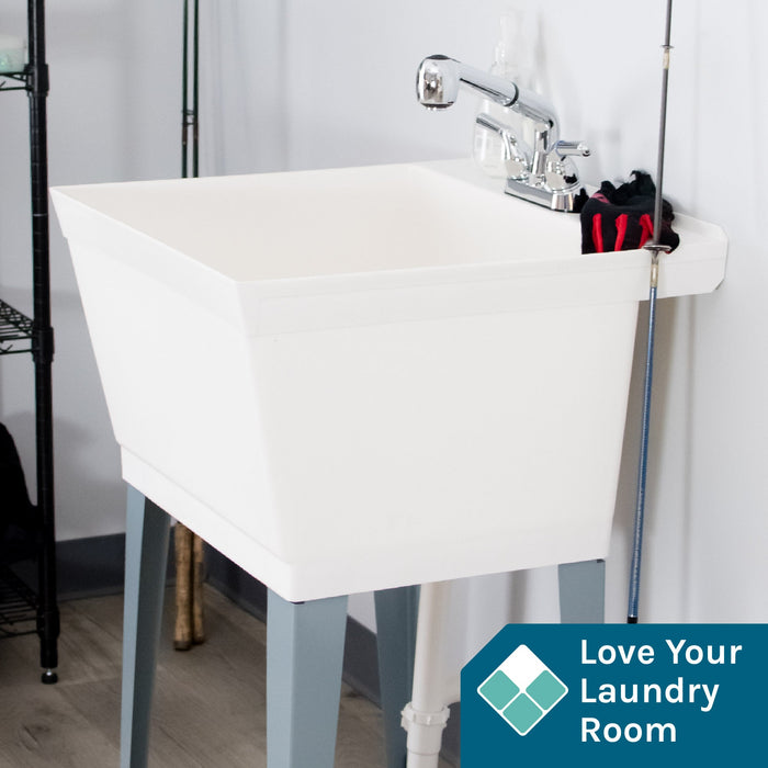 Tehila Standard Freestanding White Utility Sink with Chrome Finish Pull-Out Faucet - Sweatfully