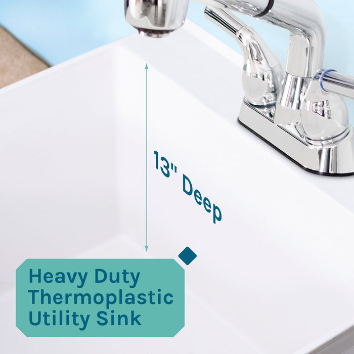 Tehila Standard Freestanding White Utility Sink with Chrome Finish Pull-Out Faucet - Sweatfully