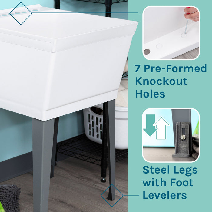 Tehila Standard Freestanding White Utility Sink with Chrome Finish Pull-Out Faucet - Sweatfully