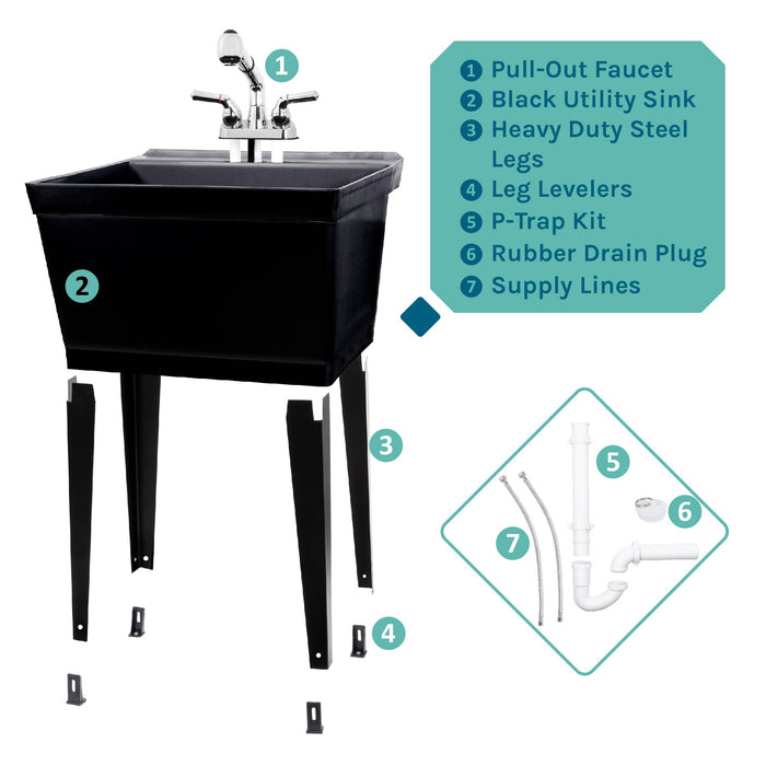 Tehila Standard Freestanding Black Utility Sink with Chrome Finish Pull-Out Faucet - Sweatfully