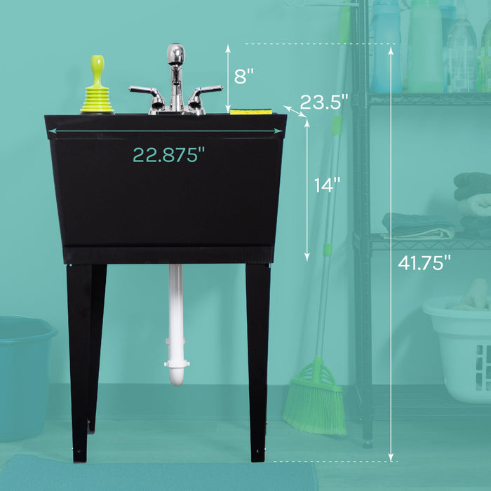 Tehila Standard Freestanding Black Utility Sink with Chrome Finish Pull-Out Faucet - Sweatfully