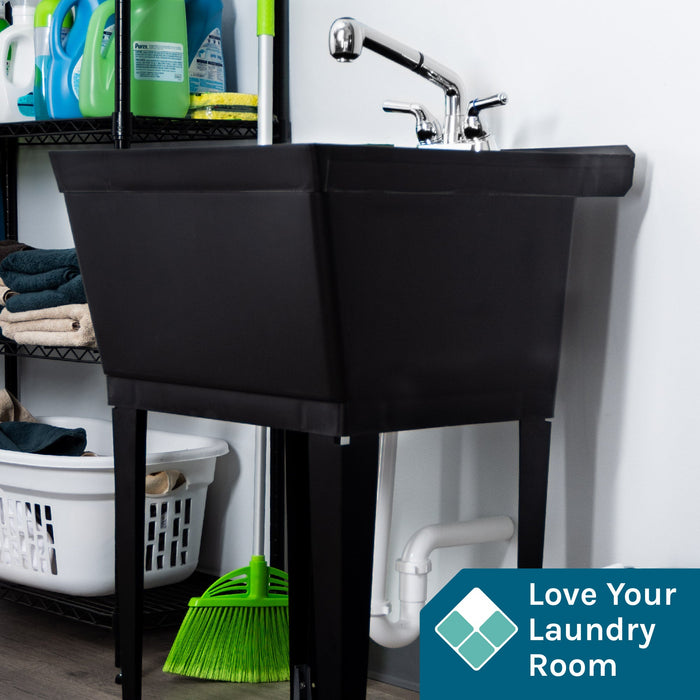 Tehila Standard Freestanding Black Utility Sink with Chrome Finish Pull-Out Faucet - Sweatfully