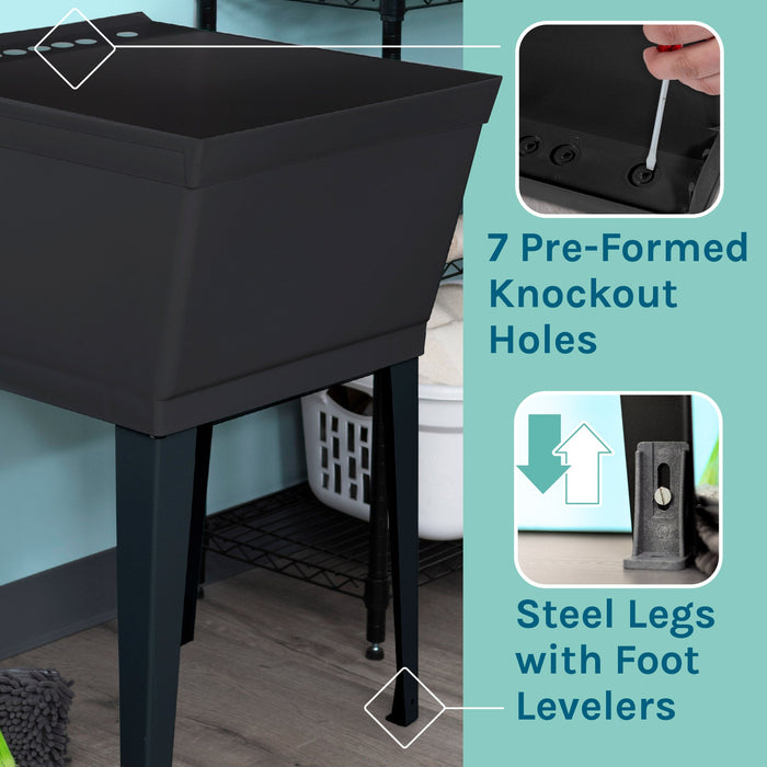Tehila Standard Freestanding Black Utility Sink with Chrome Finish Pull-Out Faucet - Sweatfully