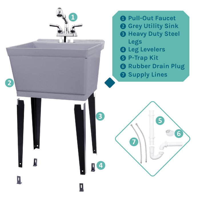 Tehila Standard Freestanding Grey Utility Sink with Chrome Finish Pull-Out Faucet - Sweatfully