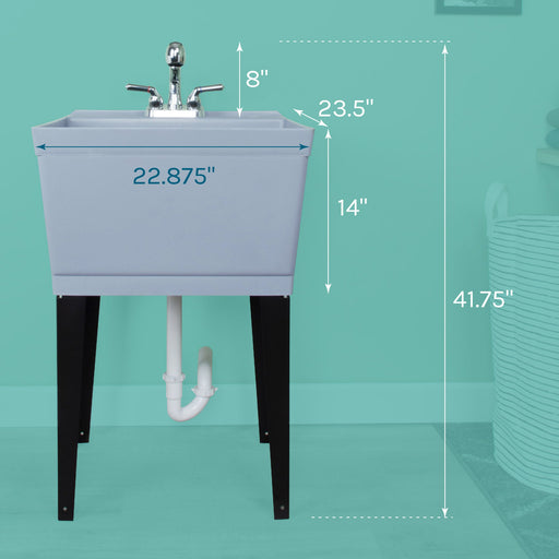 Tehila Standard Freestanding Grey Utility Sink with Chrome Finish Pull-Out Faucet - Sweatfully