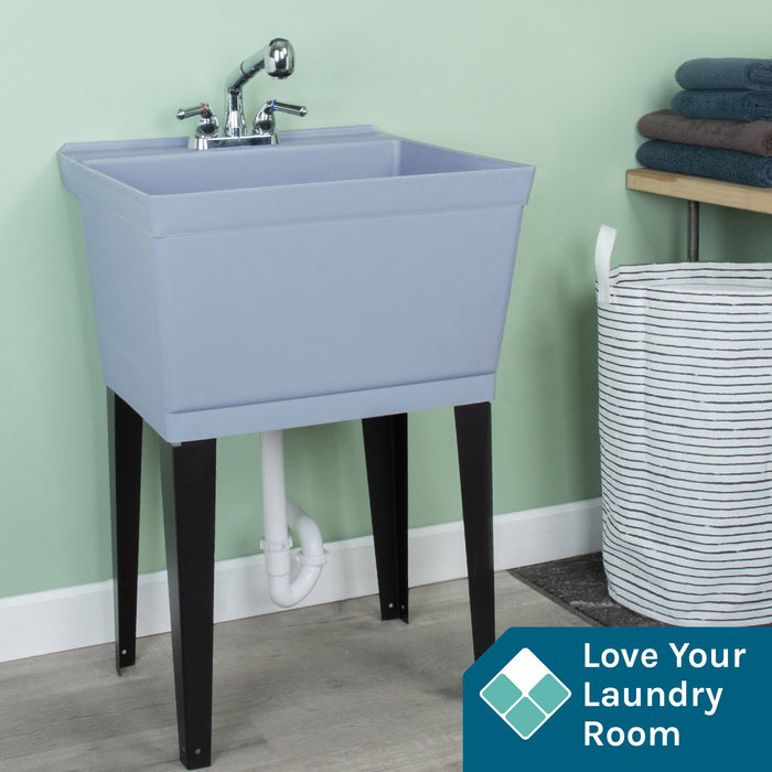 Tehila Standard Freestanding Grey Utility Sink with Chrome Finish Pull-Out Faucet - Sweatfully