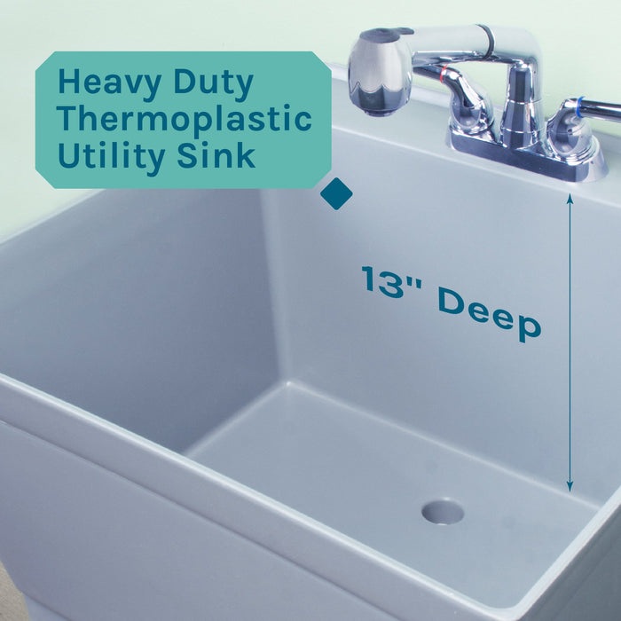 Tehila Standard Freestanding Grey Utility Sink with Chrome Finish Pull-Out Faucet - Sweatfully