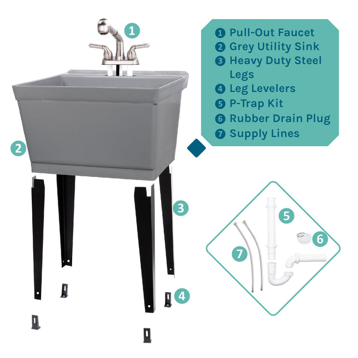 Tehila Standard Freestanding Grey Utility Sink with Stainless Steel Finish Pull-Out Faucet - Sweatfully