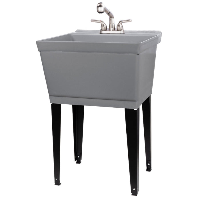 Tehila Standard Freestanding Grey Utility Sink with Stainless Steel Finish Pull-Out Faucet - Sweatfully