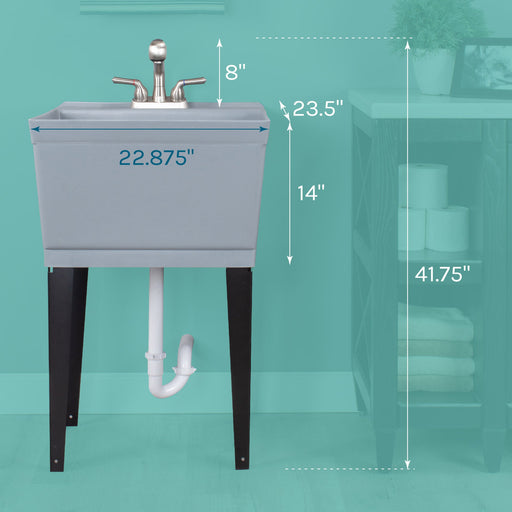 Tehila Standard Freestanding Grey Utility Sink with Stainless Steel Finish Pull-Out Faucet - Sweatfully