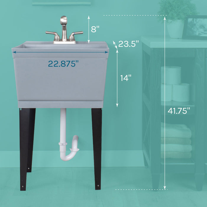Tehila Standard Freestanding Grey Utility Sink with Stainless Steel Finish Pull-Out Faucet - Sweatfully