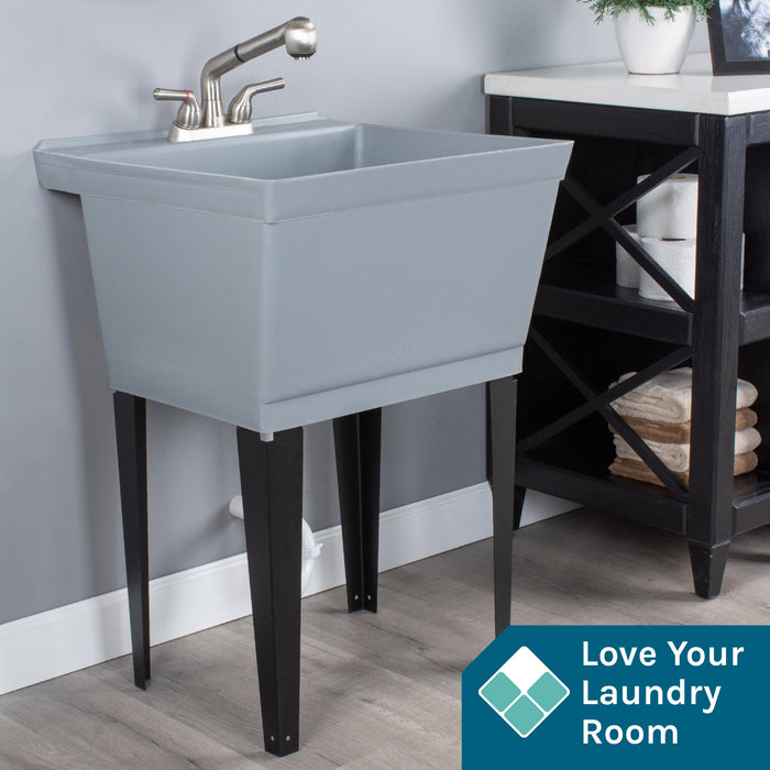 Tehila Standard Freestanding Grey Utility Sink with Stainless Steel Finish Pull-Out Faucet - Sweatfully