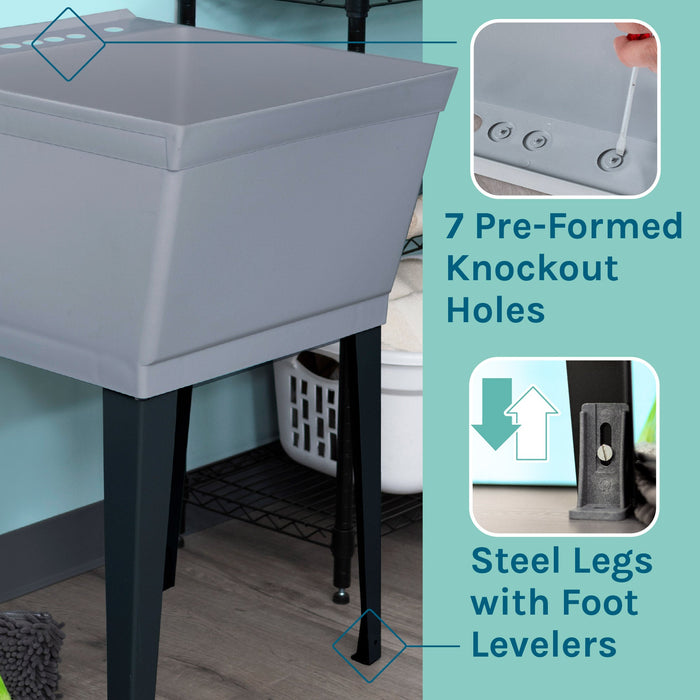 Tehila Standard Freestanding Grey Utility Sink with Stainless Steel Finish Pull-Out Faucet - Sweatfully