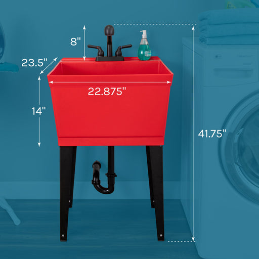 Tehila Standard Freestanding Red Utility Sink with Matte Black Finish Pull-Out Faucet - Sweatfully