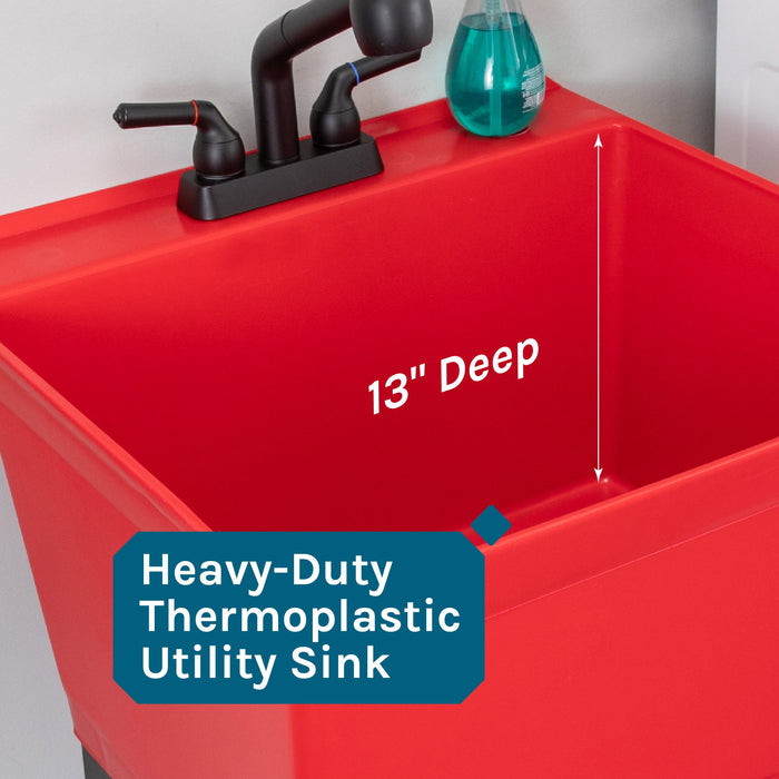 Tehila Standard Freestanding Red Utility Sink with Matte Black Finish Pull-Out Faucet - Sweatfully