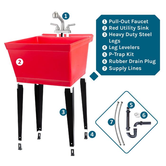 Tehila Standard Freestanding Red Utility Sink with Stainless Steel Finish Pull-Out Faucet - Sweatfully