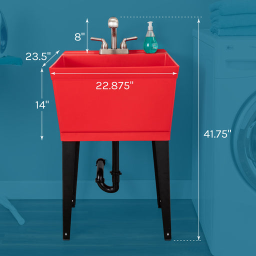 Tehila Standard Freestanding Red Utility Sink with Stainless Steel Finish Pull-Out Faucet - Sweatfully