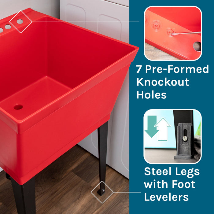Tehila Standard Freestanding Red Utility Sink with Stainless Steel Finish Pull-Out Faucet - Sweatfully