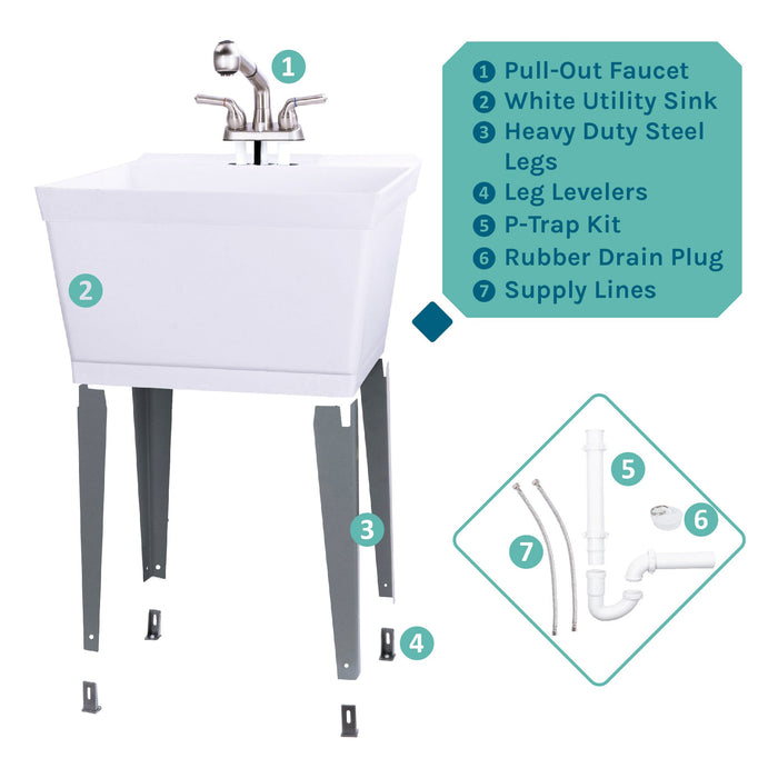 Tehila Standard Freestanding White Utility Sink with Stainless Steel Finish Pull-Out Faucet - Sweatfully