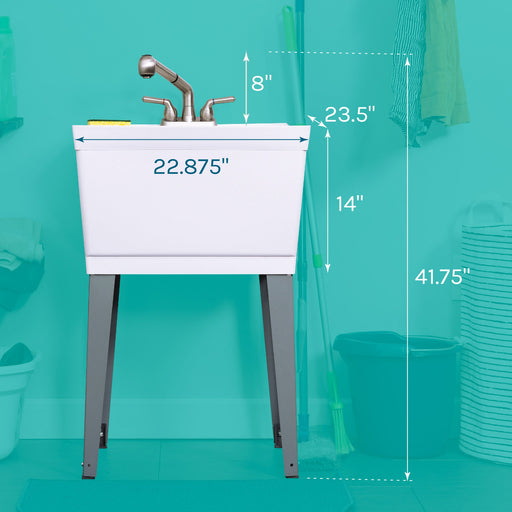 Tehila Standard Freestanding White Utility Sink with Stainless Steel Finish Pull-Out Faucet - Sweatfully