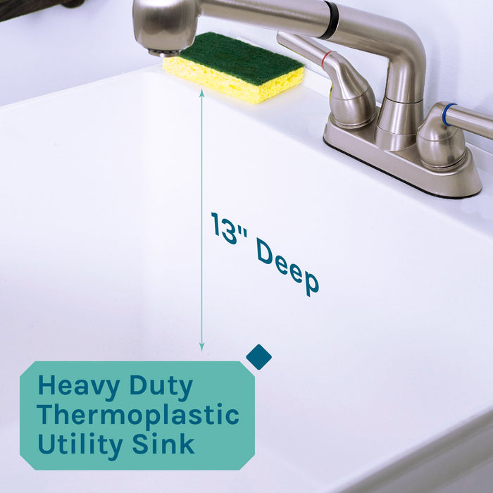 Tehila Standard Freestanding White Utility Sink with Stainless Steel Finish Pull-Out Faucet - Sweatfully