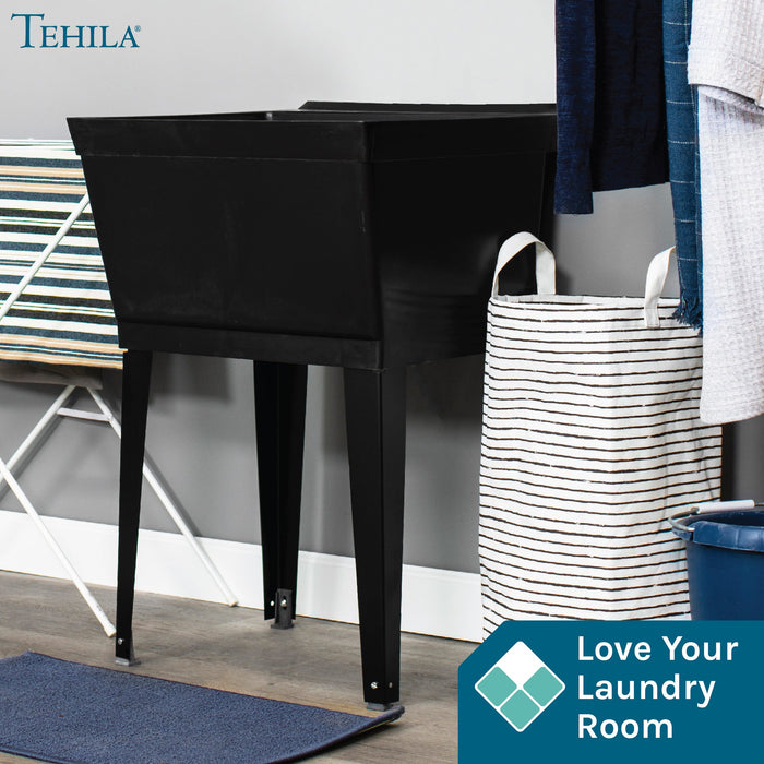 Tehila Standard Freestanding Black Utility Sink with Black Legs, No Supply Lines - Sweatfully