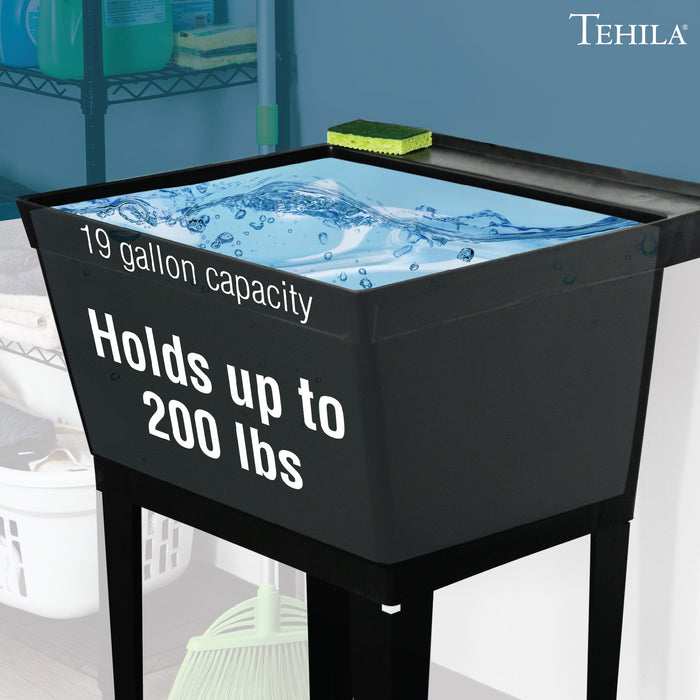 Tehila Standard Freestanding Black Utility Sink with Black Legs, No Supply Lines - Sweatfully