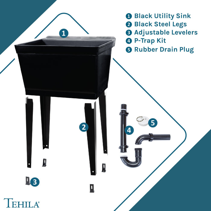 Tehila Standard Freestanding Black Utility Sink with Black Legs, No Supply Lines - Sweatfully