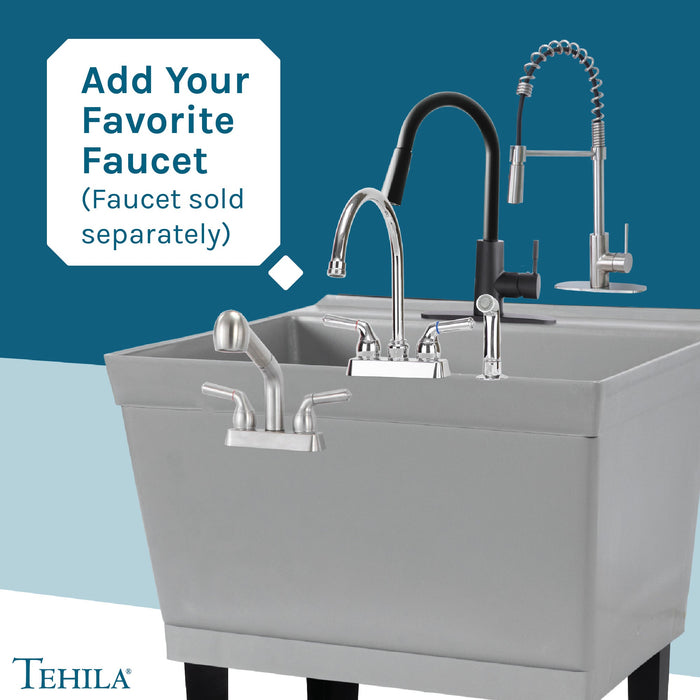 Tehila Standard Freestanding Grey Utility Sink with Black Legs, No Supply Lines - Sweatfully