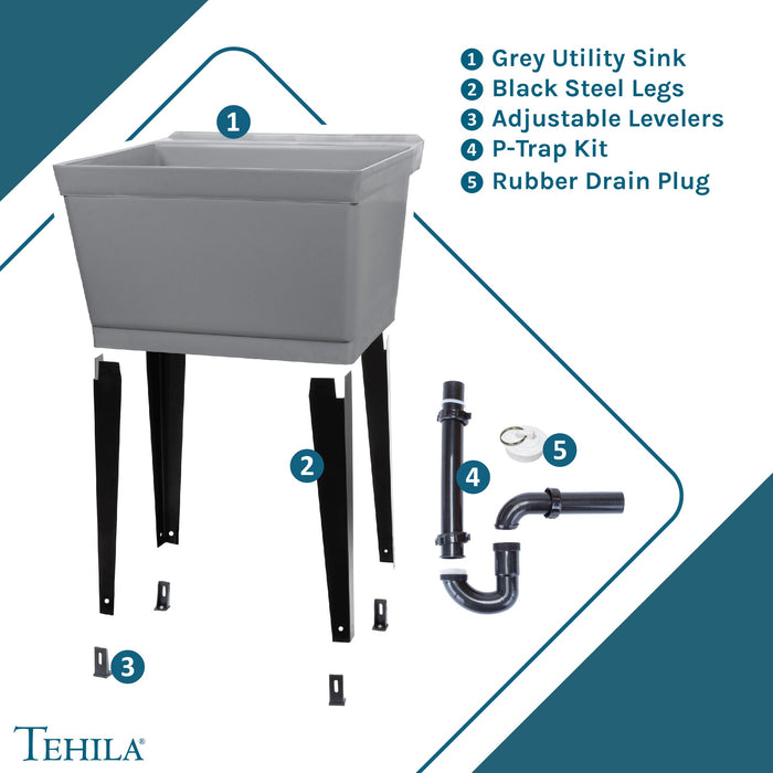 Tehila Standard Freestanding Grey Utility Sink with Black Legs, No Supply Lines - Sweatfully
