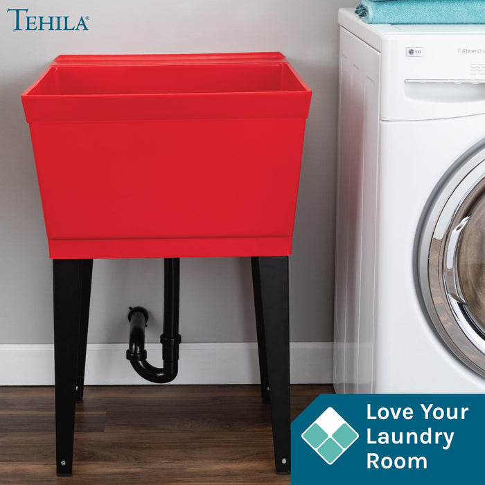 Tehila Standard Freestanding Red Utility Sink with Black Legs, No Supply Lines - Sweatfully