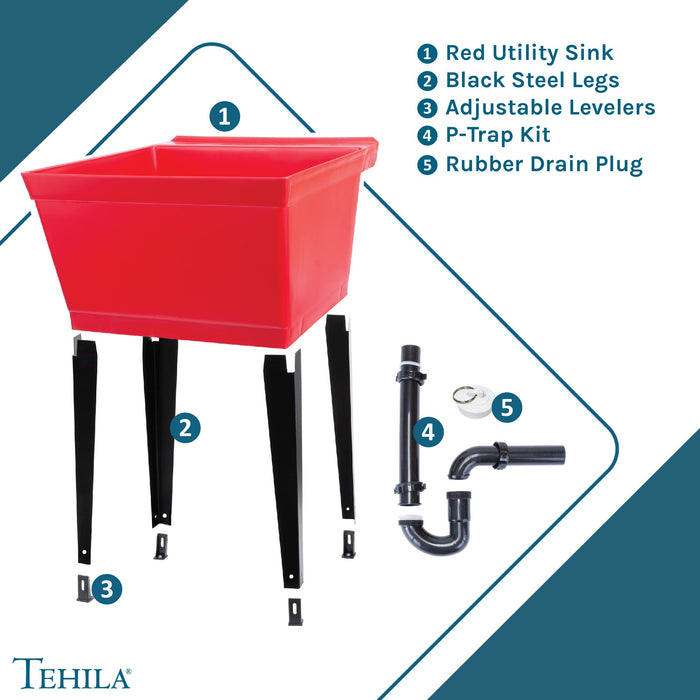 Tehila Standard Freestanding Red Utility Sink with Black Legs, No Supply Lines - Sweatfully
