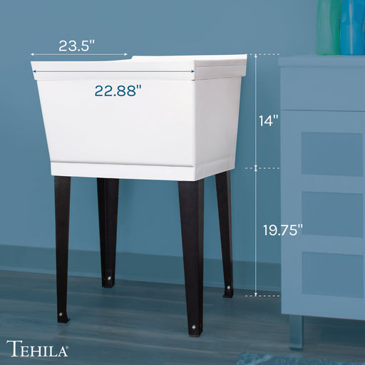 Tehila Standard Freestanding White Utility Sink with Black Legs, No Supply Lines - Sweatfully